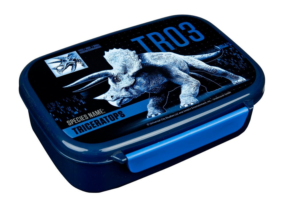 Mørkeblå rektangulær Matboks 18x13,5x6 cm Flere sorter med et svart lokk og blå triceratops-grafikk.