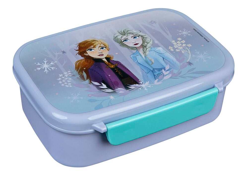 En lilla rektangulær matboks med et Frozen Anna og Elsa trykk på lokket og en turkis spenne.