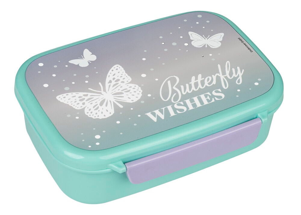 Turkis matboks med gradientlokk, hvite sommerfugler, 'Butterfly WISHES' tekst og lilla lås.