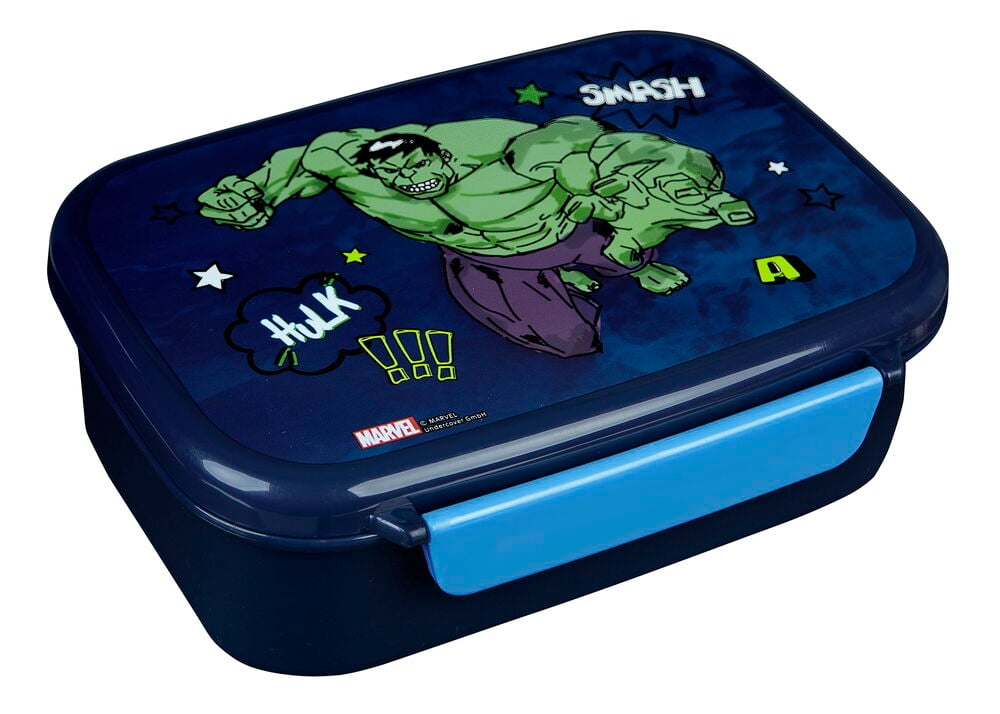 Mørkeblå matboks med Hulk-illustrasjon på lokket og en lyseblå lås.