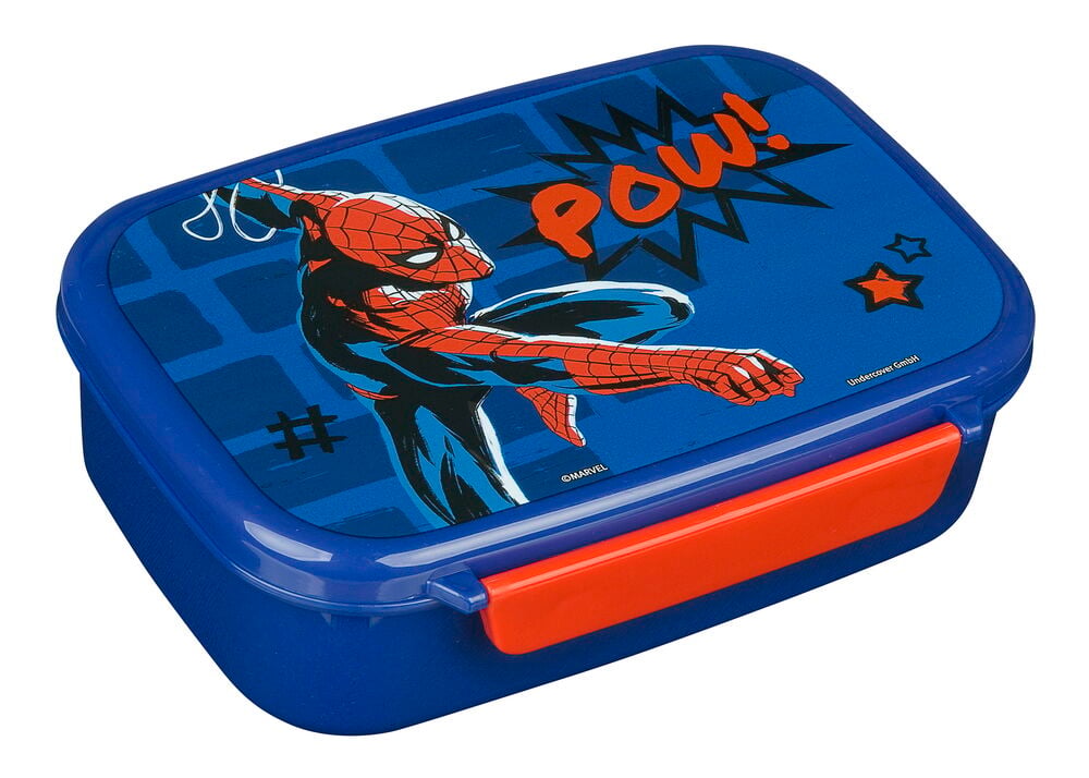 Matboks 18x13,5x6 cm Flere sorter med blå base, rød lås og Spider-Man-motiv.