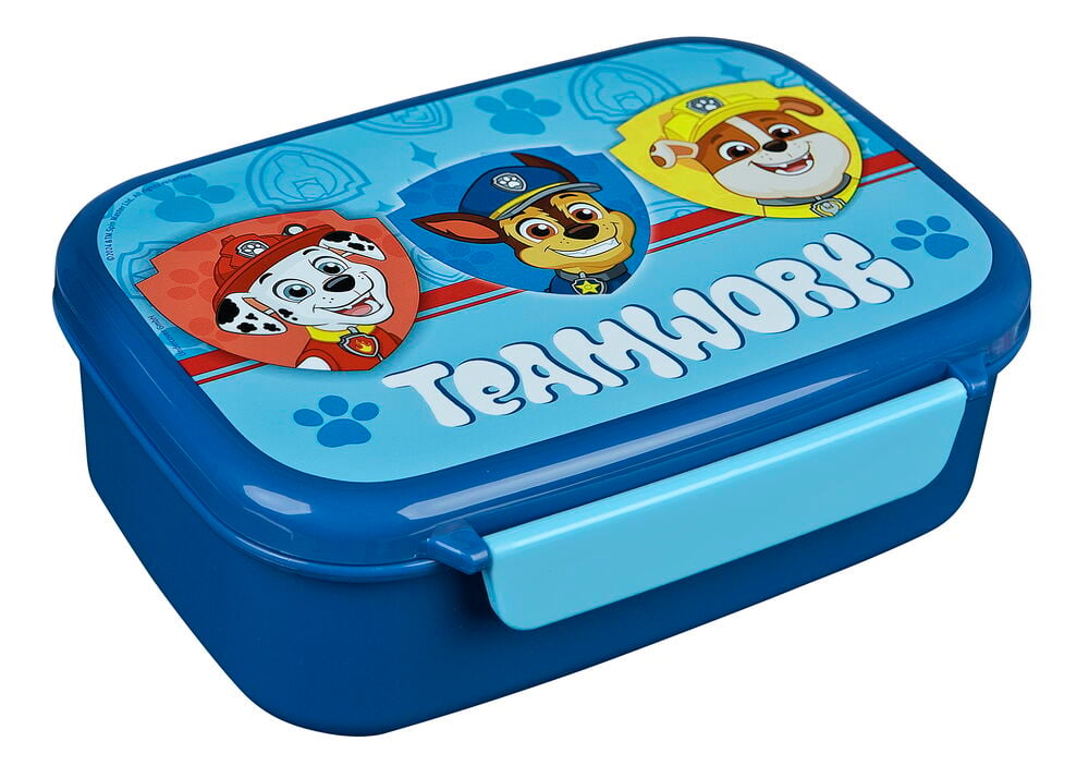 Blå Matboks 18x13,5x6 cm Flere sorter, med Paw Patrol-figurer og 'TEAMWORK' tekst på lokket.
