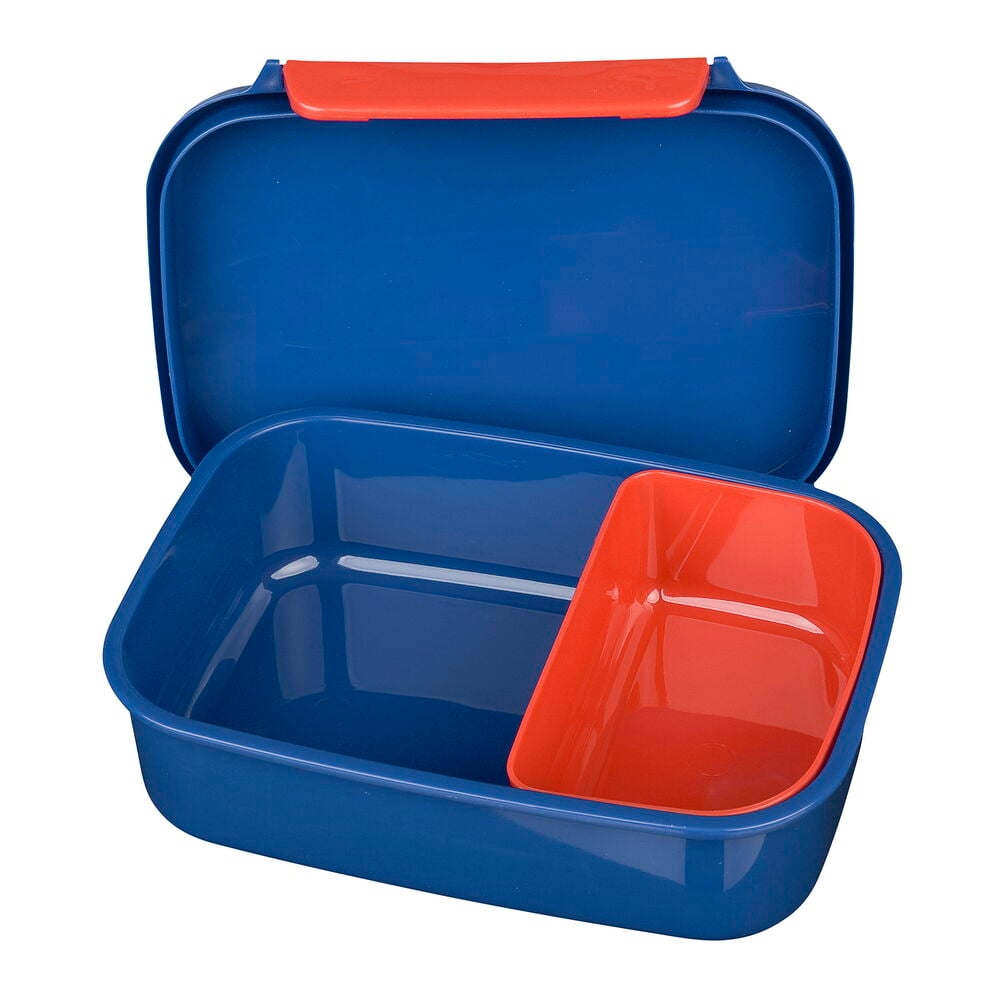En blå Matboks 18x13,5x6 cm med et åpent oransje lokk og en avtakbar oransje skillevegg inni.