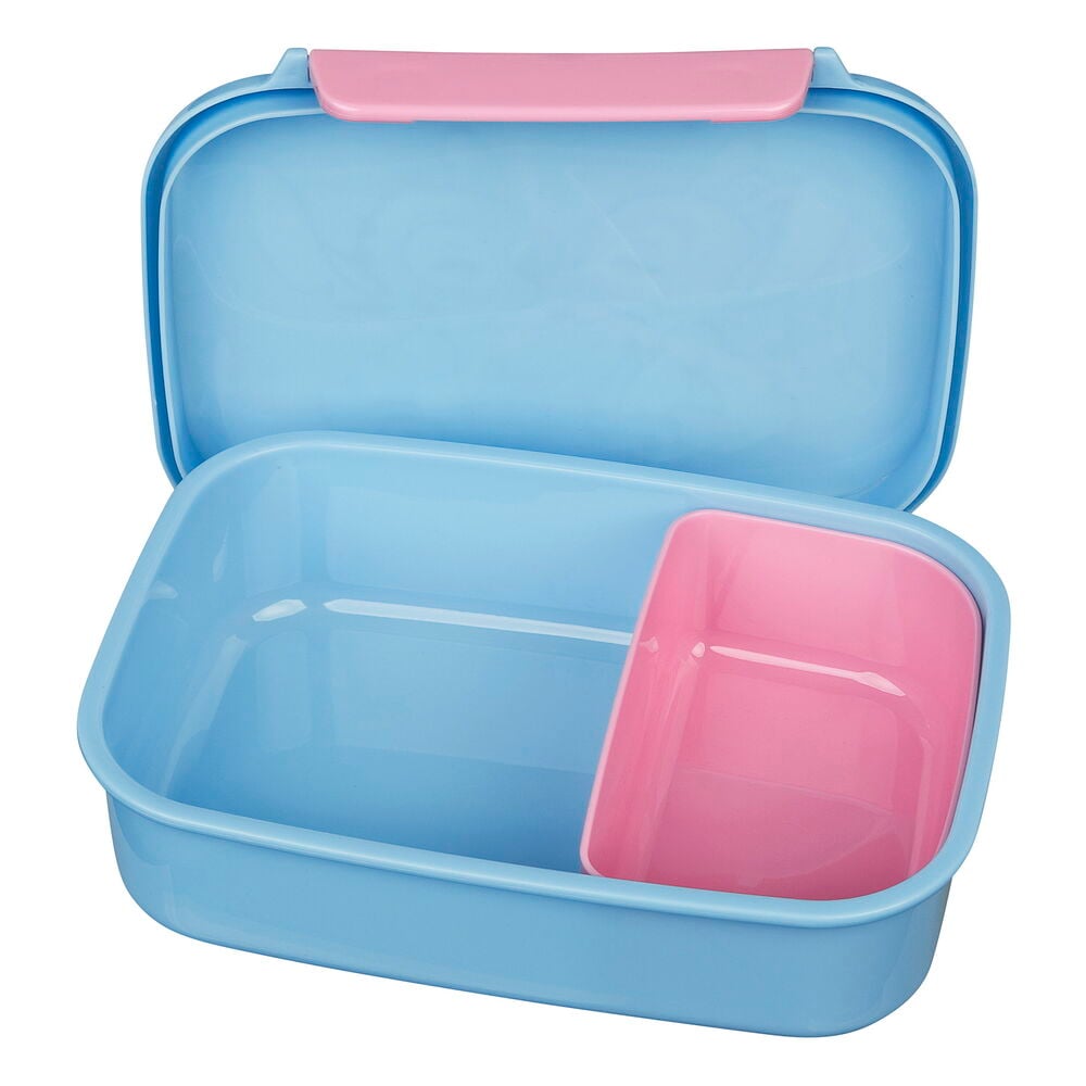 Blå rektangulær Matboks 18x13,5x6 cm Flere sorter, åpen med rosa lokklås og en rosa avtakbar skillevegg inni.