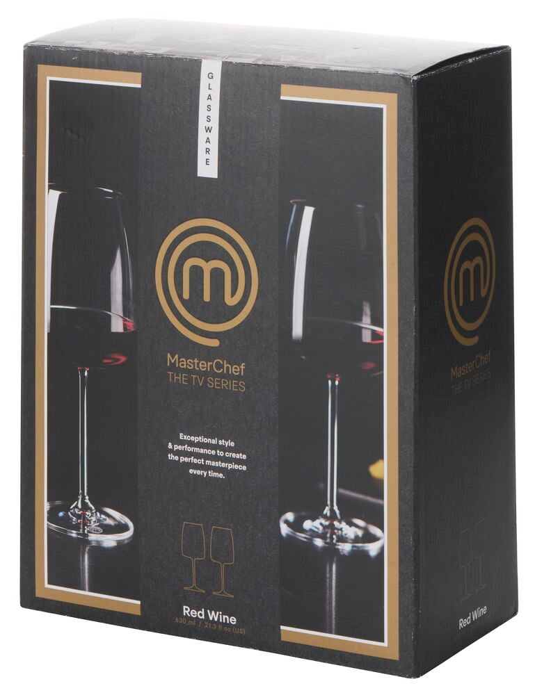 Musta pakkaus MasterChef 630 ml punaviinilaseja, 2-pack, kuvineen laseista.