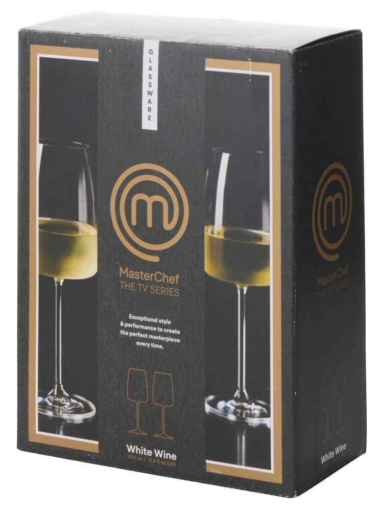 Musta laatikko kultakoristeilla esittelee Valkoviinilasi MasterChef 470 ml, 2-pack.