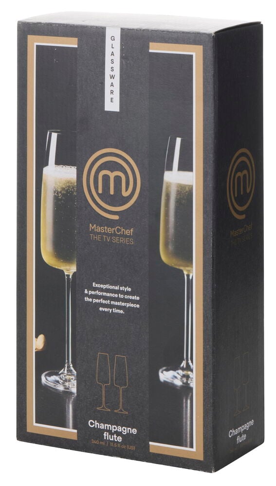 Champagneglas MasterChef 340 ml, 2-pack i en svart kartong med produktbilder och gulddetaljer.