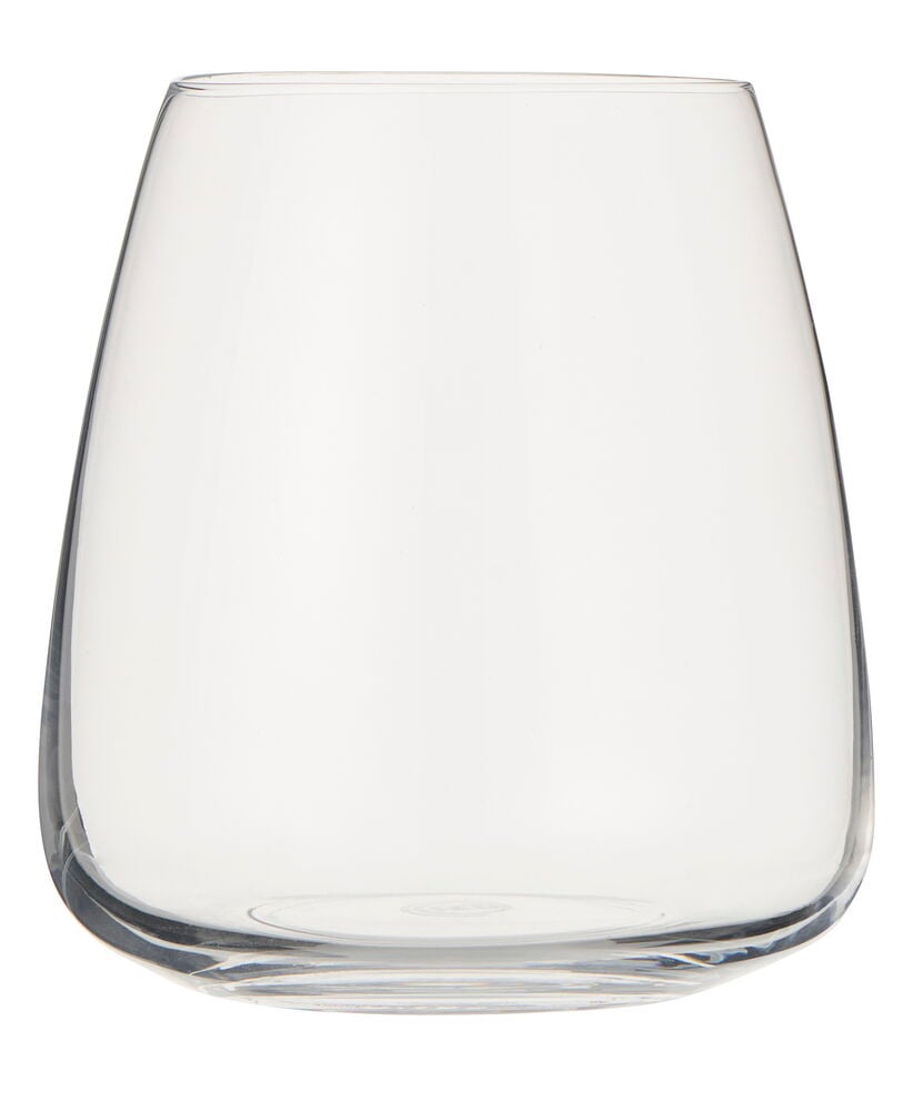 Et klart, tomt MasterChef 430 ml drikkeglass med bred kant og glatte, avrundede sider.