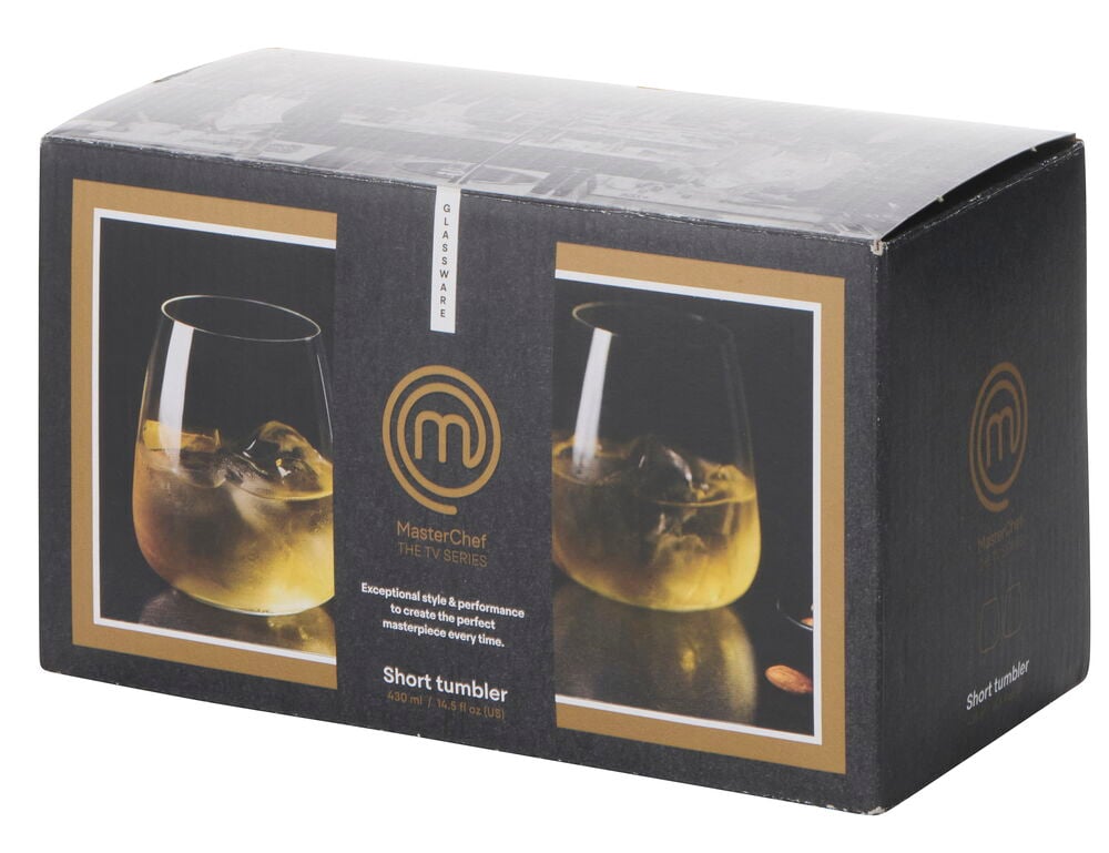 Schwarze Box mit zwei MasterChef 430 ml Trinkgläsern, abgebildet mit Getränk und Eis auf der Verpackung.