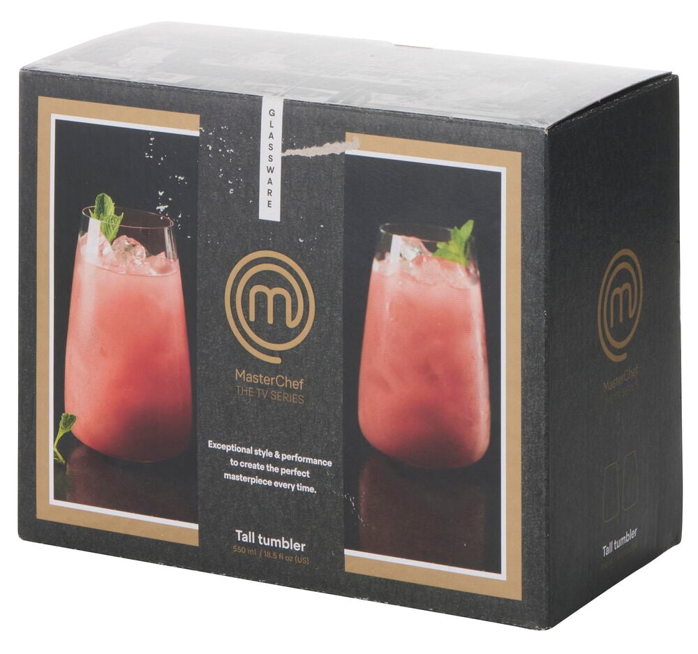 Svart pappeske med MasterChef Highballglass, 550 ml, 2-pk, med bilder av to glass med drikke.