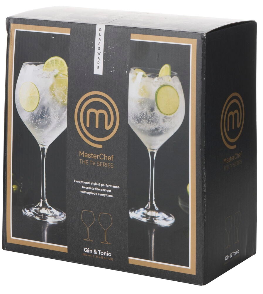 Gin & Tonic Gläser MasterChef 650 ml, 2er-Pack, gezeigt auf schwarzer Box mit Drinks und Limetten.