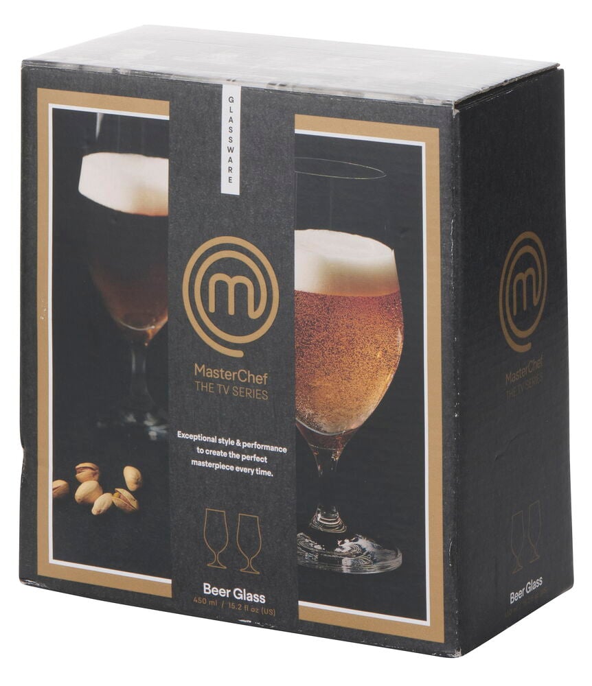 Ein MasterChef 450 ml 2er-Pack Biergläser-Set in dunkelgrauer Box mit zwei Biergläsern aufgedruckt.
