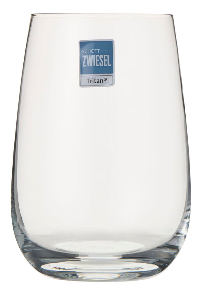Kirkas drinkkilasi Schott Zwiesel 38,5 cl sinivalkoisella Schott Zwiesel Tritan etiketillä.