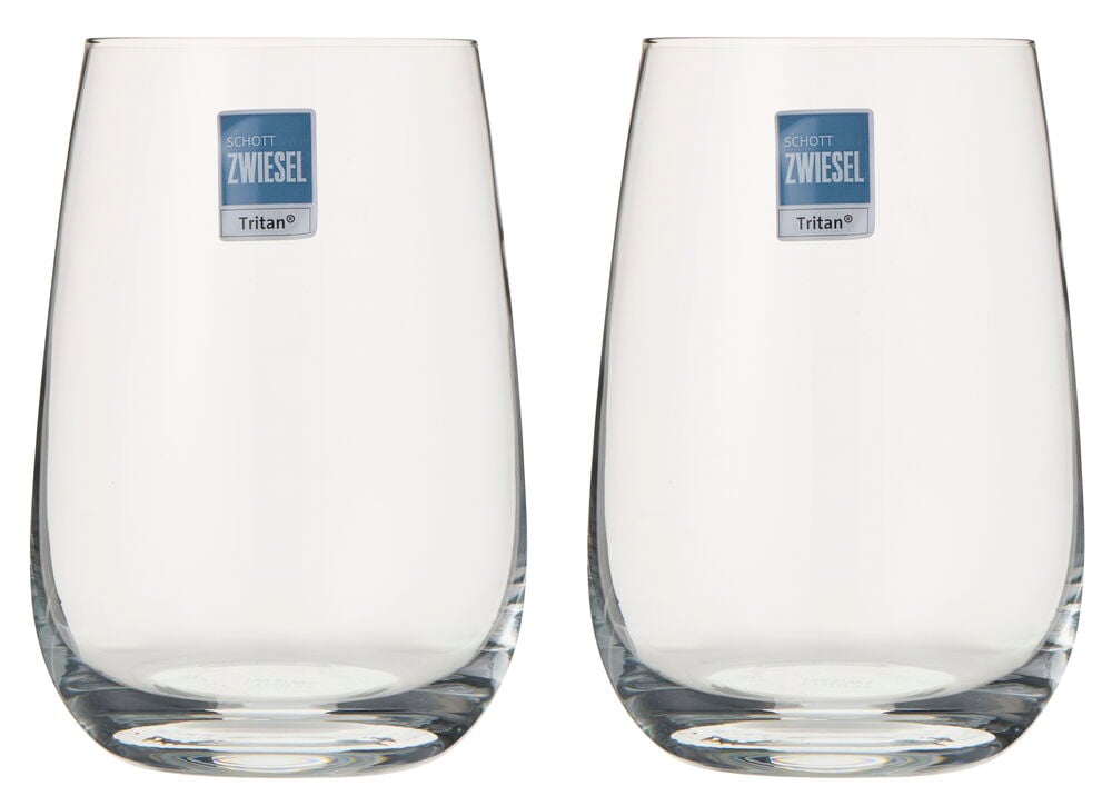 Kaksi kirkasta Drinkkilasit, 38,5 cl, 2-pack, tuotetarroilla, edestä päin.