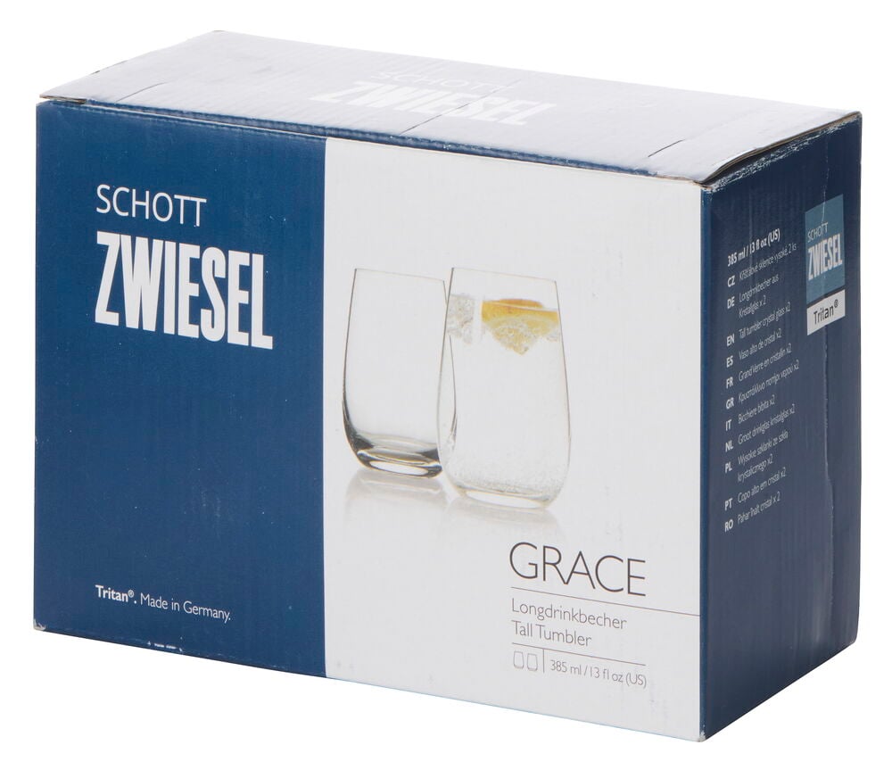 Kartonkipakkaus kahdelle Schott Zwiesel Grace 38,5 cl drinkkilasille, tummansininen ja valkoinen.