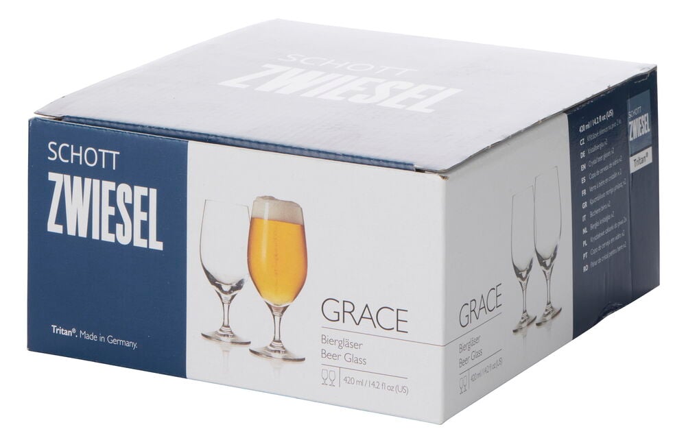 Valkoinen ja sininen laatikko, jossa Olutlasit Schott Zwiesel 42 cl, 2-pack Grace.