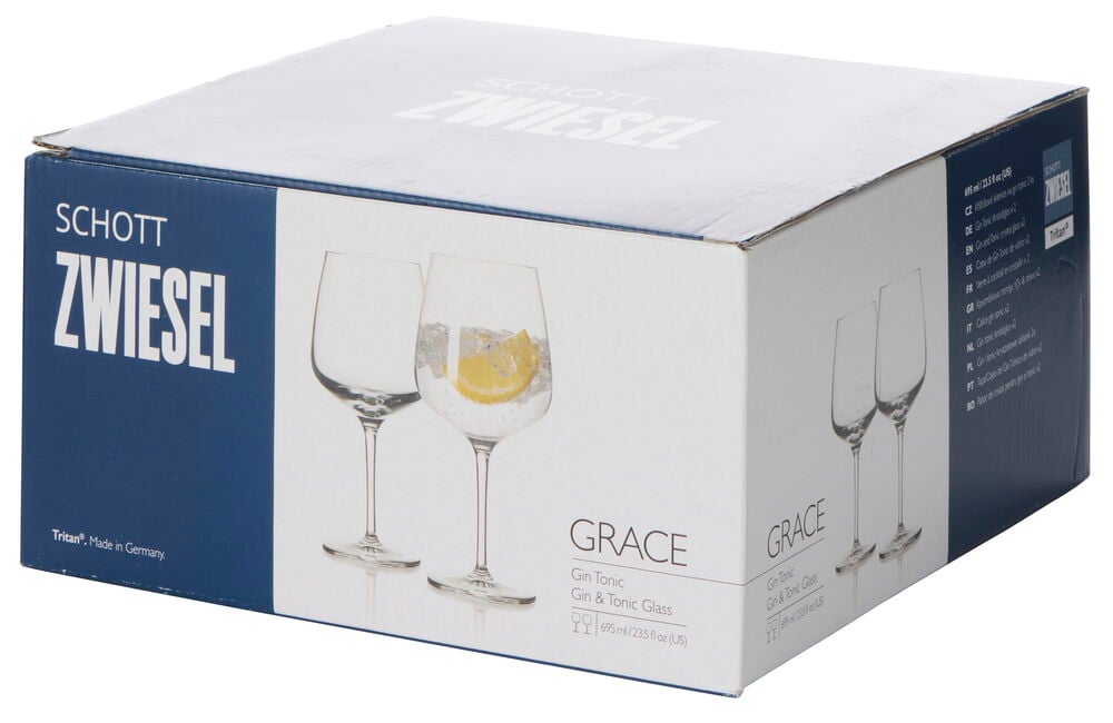 Valkoinen laatikko, jossa kaksi kirkasta Grace Gin & Tonic lasia, 69,5 cl, 2 kpl:n pakkaus.