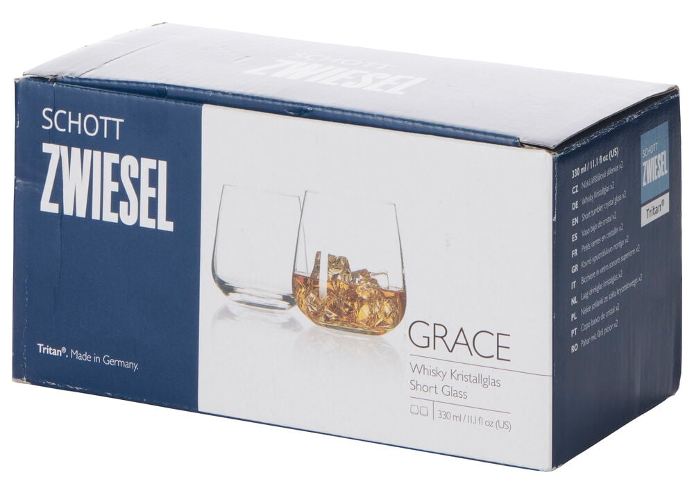 Sinivalkoinen pakkaus Schott Zwiesel Grace 33 cl 2-pack viskilaseja, näyttää kaksi kirkasta lasia edessä.