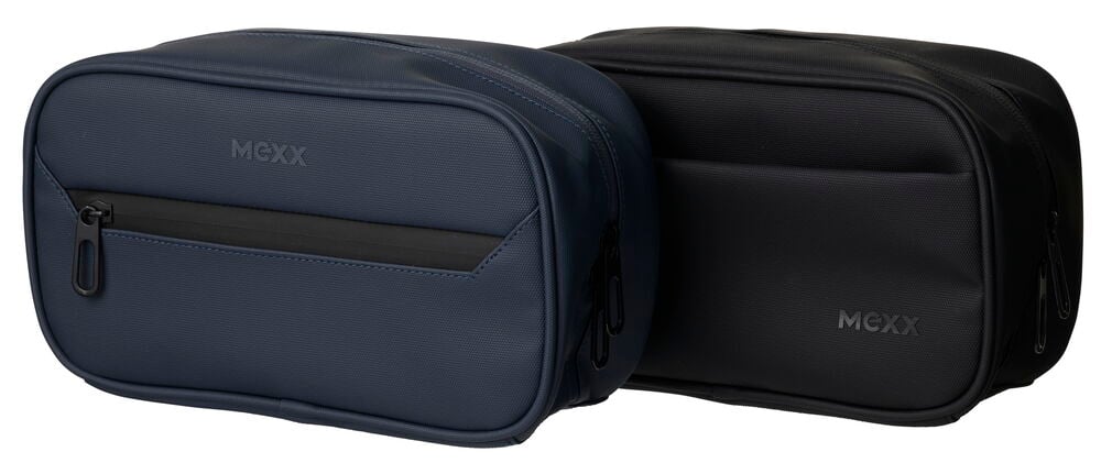Marineblaue Kosmetiktasche Mexx mit Reißverschluss vorne, und eine schwarze Kosmetiktasche Mexx dahinter.
