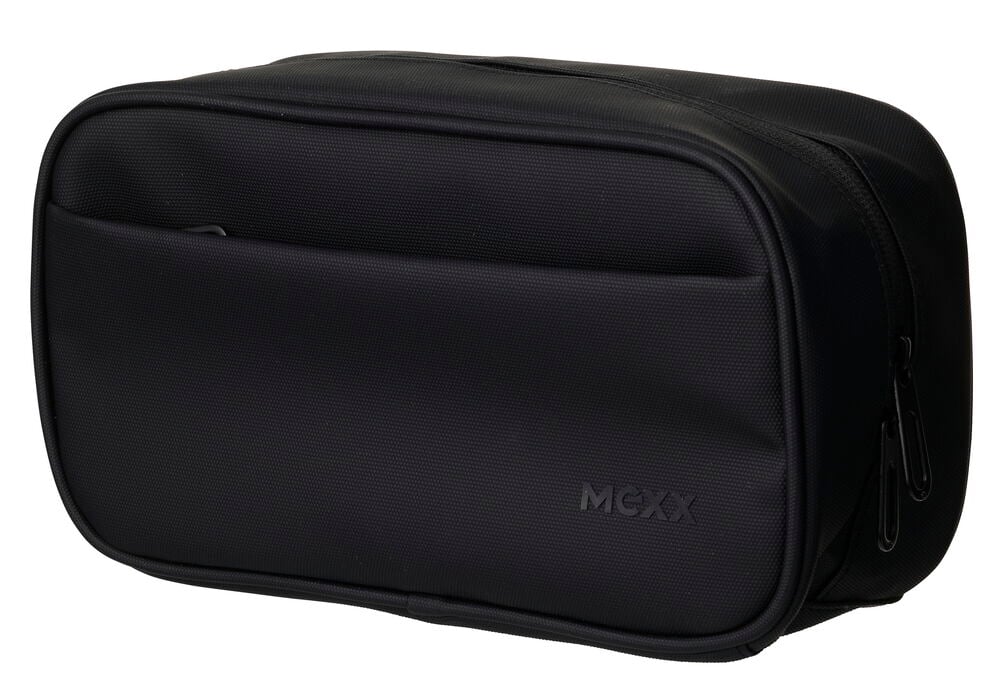 Svart teksturert Toalettmappe Mexx 33x12x18 cm med frontlomme og doble glidelåser.