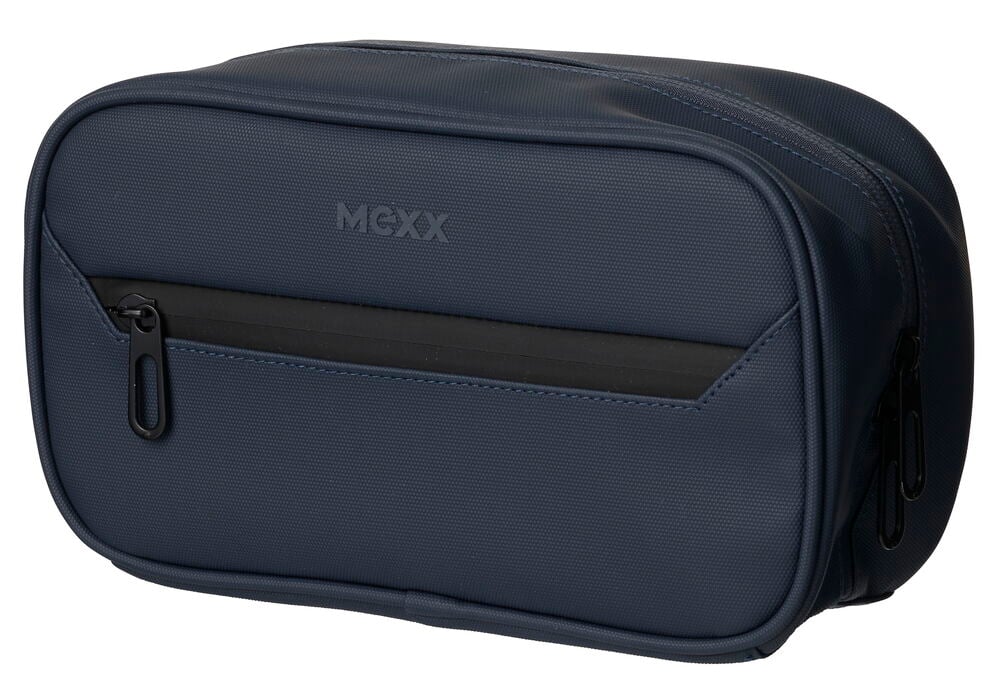 Mørkeblå Toalettmappe Mexx 33x12x18 cm med teksturert stoff, front glidelåslomme og glidelås på toppen.