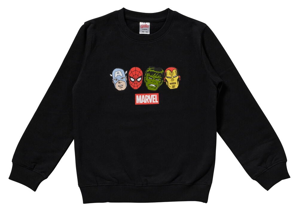 Schwarzer langärmeliger Pullover für Kinder Marvel mit Frontaufdruck von Avengers-Charaktergesichtern und Marvel-Text.