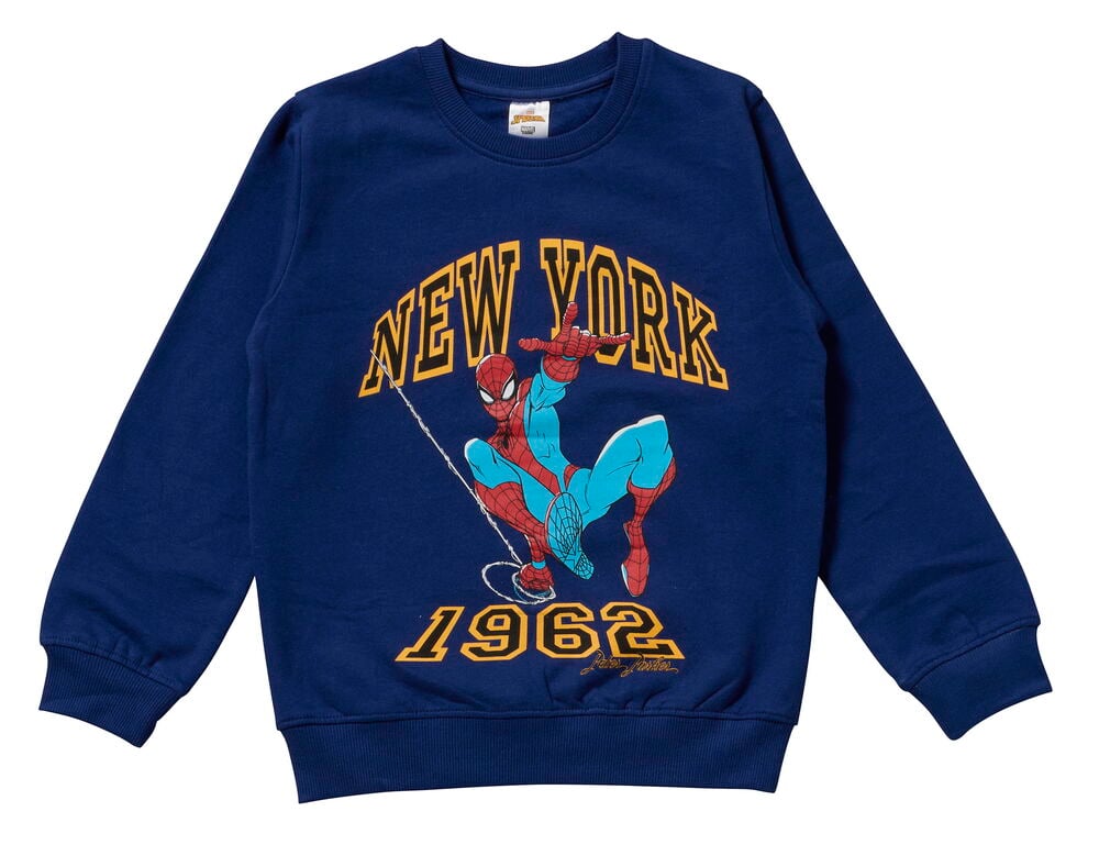 Marineblauer Pullover für Kinder Marvel mit gelbem 'NEW YORK 1962' Schriftzug und Spider-Man-Grafikdruck vorne.