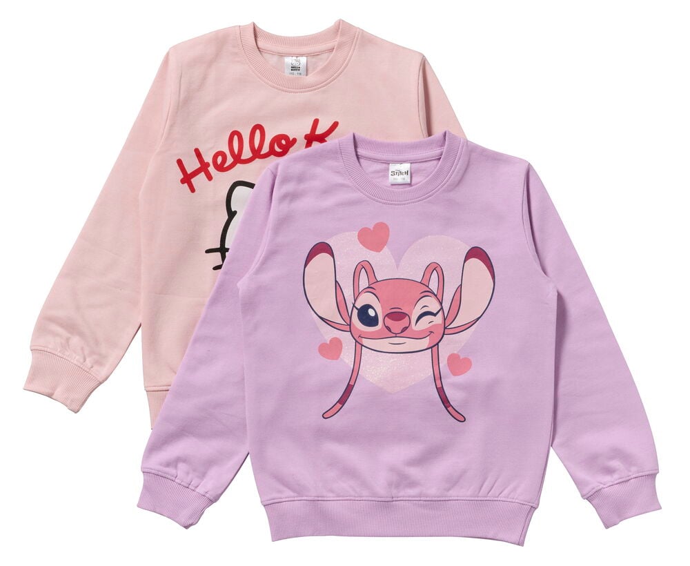 Ein lila Kinderpullover mit Angel-Print und ein rosa Hello Kitty-Pullover mit Rundhalsausschnitt. Pullover für Kinder Hello Kitty & Angel.