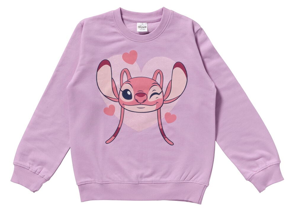 Lila Kinderpullover mit winkendem rosa Angel-Charakterdruck umgeben von Herzen.