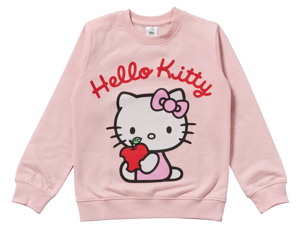 Rosa Hello Kitty Pullover für Kinder mit Hello Kitty und rotem Apfel Motiv.