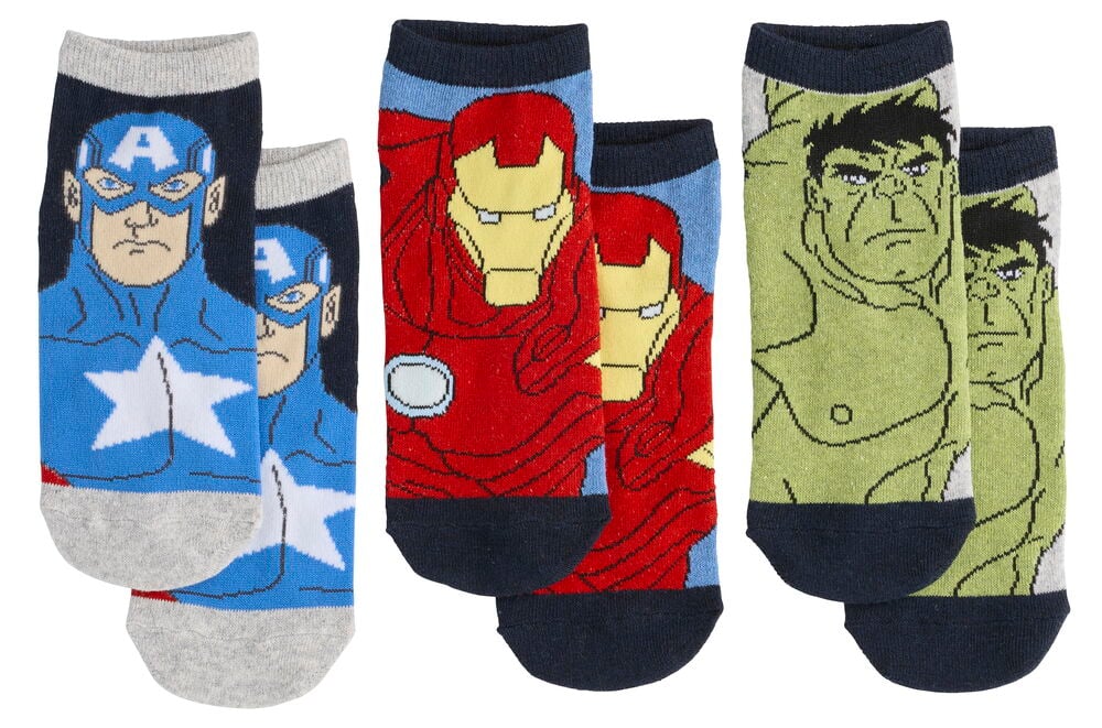 Barneankelsokker Marvel Avengers blandede mønstre, med Captain America, Iron Man og Hulk.