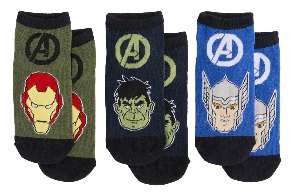 Ankelsokker, barn Marvel Avengers Blandede mønster med Iron Man på grønn, Hulk på mørk blå og Thor på kongeblå.