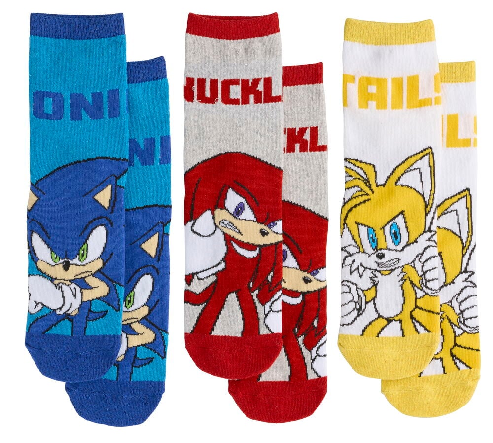 En 3-pk Sonic barnestrømper: blå med Sonic, grå med Knuckles og hvit med Tails.