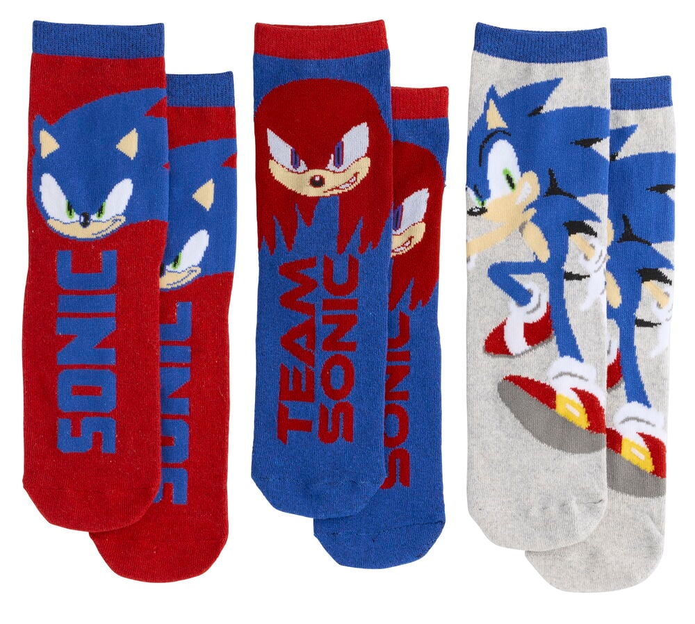 Strømper barn Sonic 3-pk Blandede mønster: røde med Sonic, blå med Knuckles og grå med løpende Sonic.