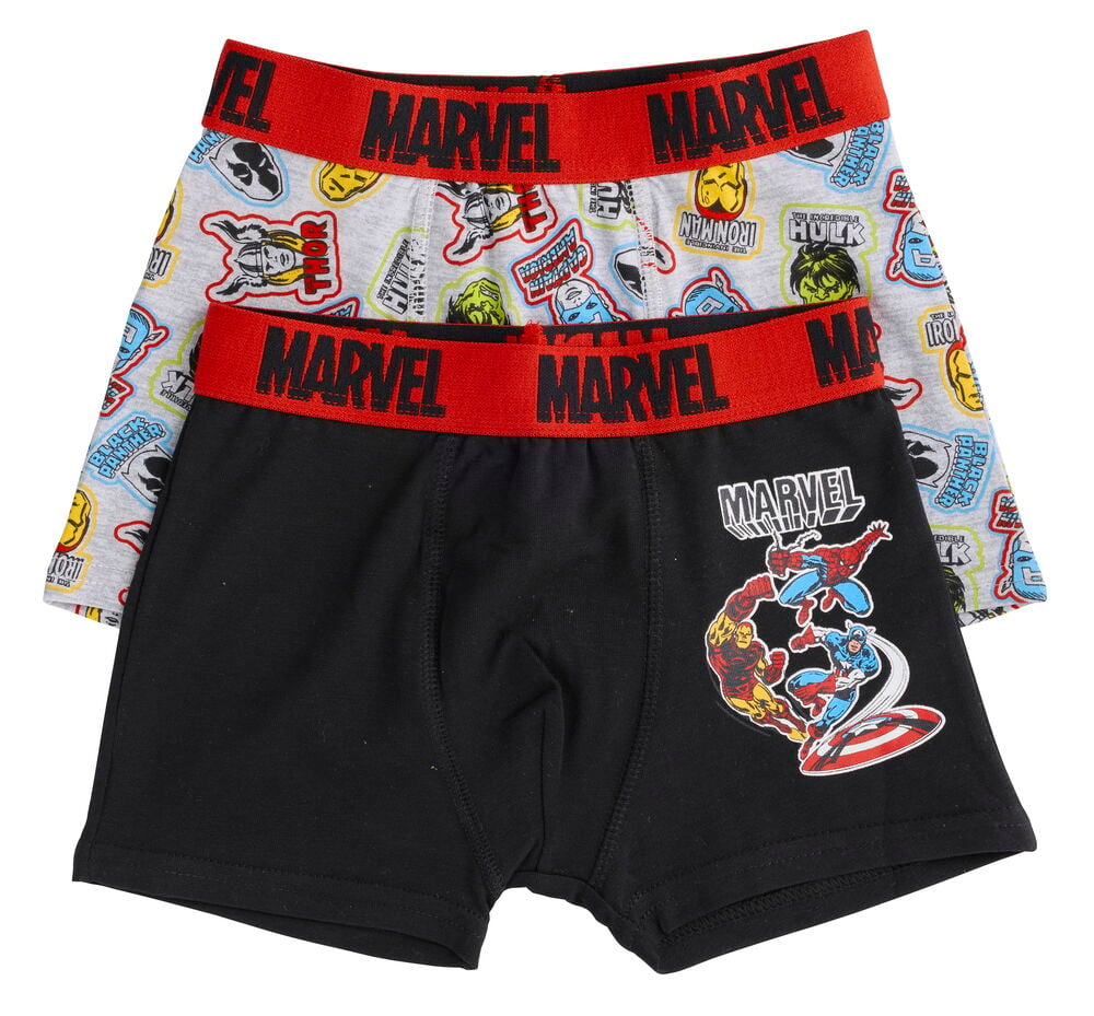 Boxershorts Kinder Marvel 2 er-Pack: schwarzes Paar mit Spider-Man, Captain America, Iron Man; graues Paar mit Charakterköpfen.