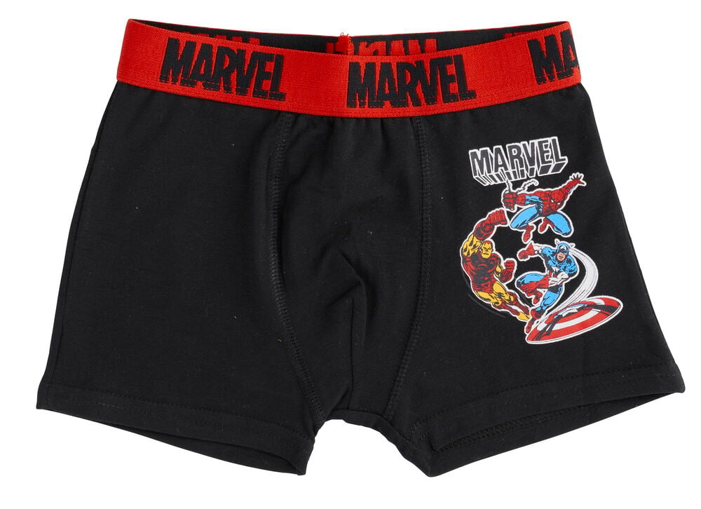 Schwarze Kinder-Boxershorts Marvel mit rotem Bund, Spiderman, Iron Man und Captain America Grafik.