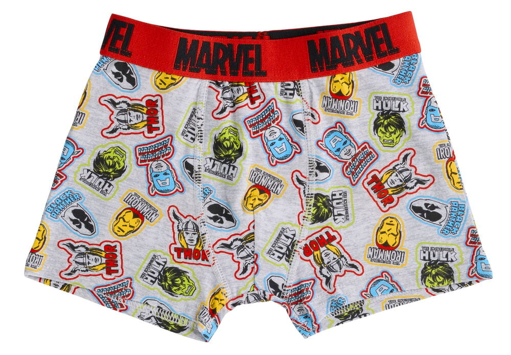 Boxershorts Kinder Marvel 2er-Pack in Grau mit Superhelden-Muster und rotem Marvel-Bund, Vorderansicht.