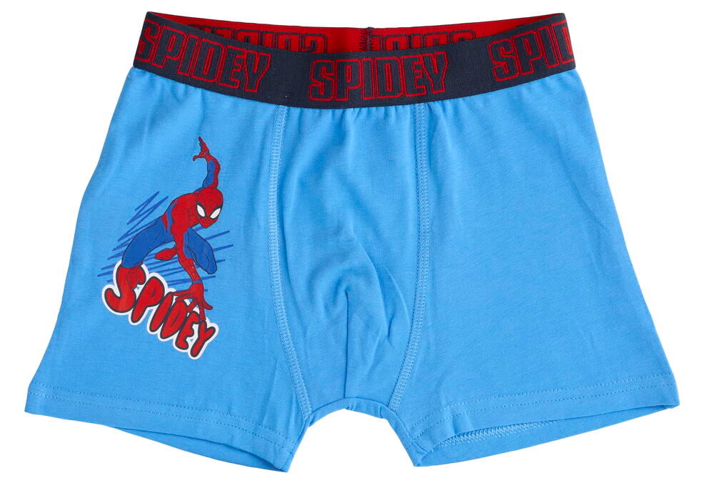 Blaue Boxershorts Kinder Marvel 2 er-Pack mit Spiderman-Motiv und "SPIDEY"-Schriftzug am Bund, Vorderansicht.