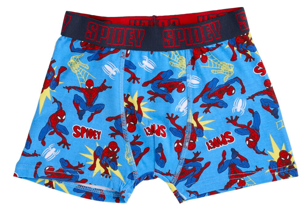 Blaue Spiderman Kinder-Boxershorts mit Allover-Print von Spiderman-Charakteren und rotem Spidey-Bund.