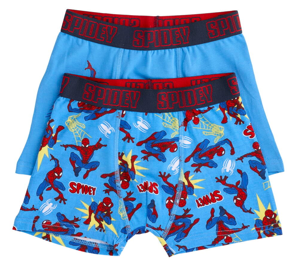 Zwei blaue Boxershorts Kinder Marvel: eine mit Allover-Spiderman-Print, eine hellblaue mit Einzelprint.