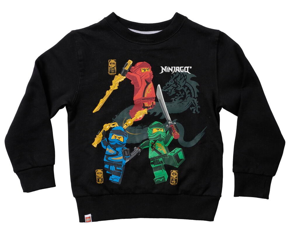 Svart barntröja med färgglatt LEGO Ninjago karaktärs- och logotryck framtill.