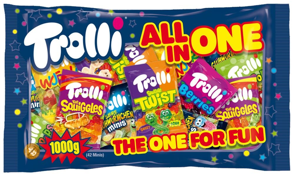 Süßigkeiten Trolli All in one mix 1 kg in blauer Tüte mit 42 sortierten Minibeuteln Gummibärchen.