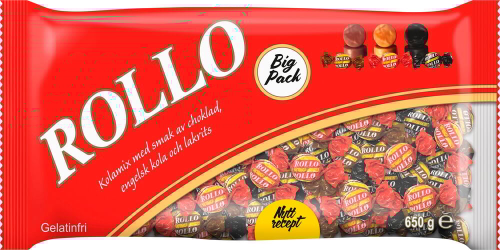 Stor röd påse med inslagna kolor Rollo.