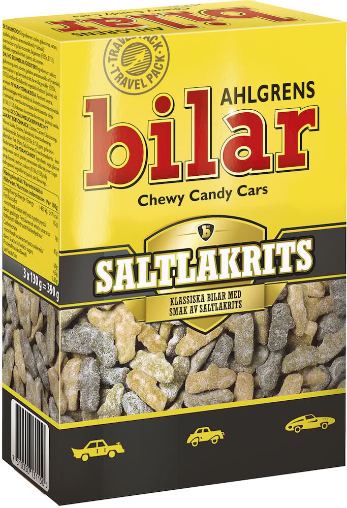 Gul förpackning med svarta saltlakrits godisbilar.