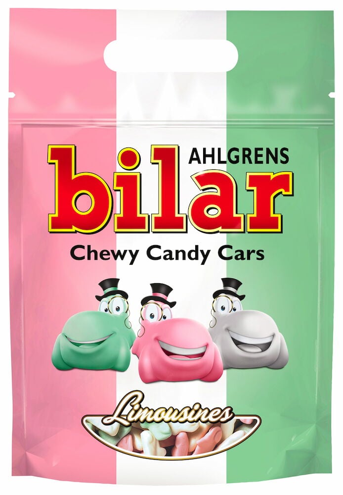 Påse med färgglada limousinformade gelébilar.