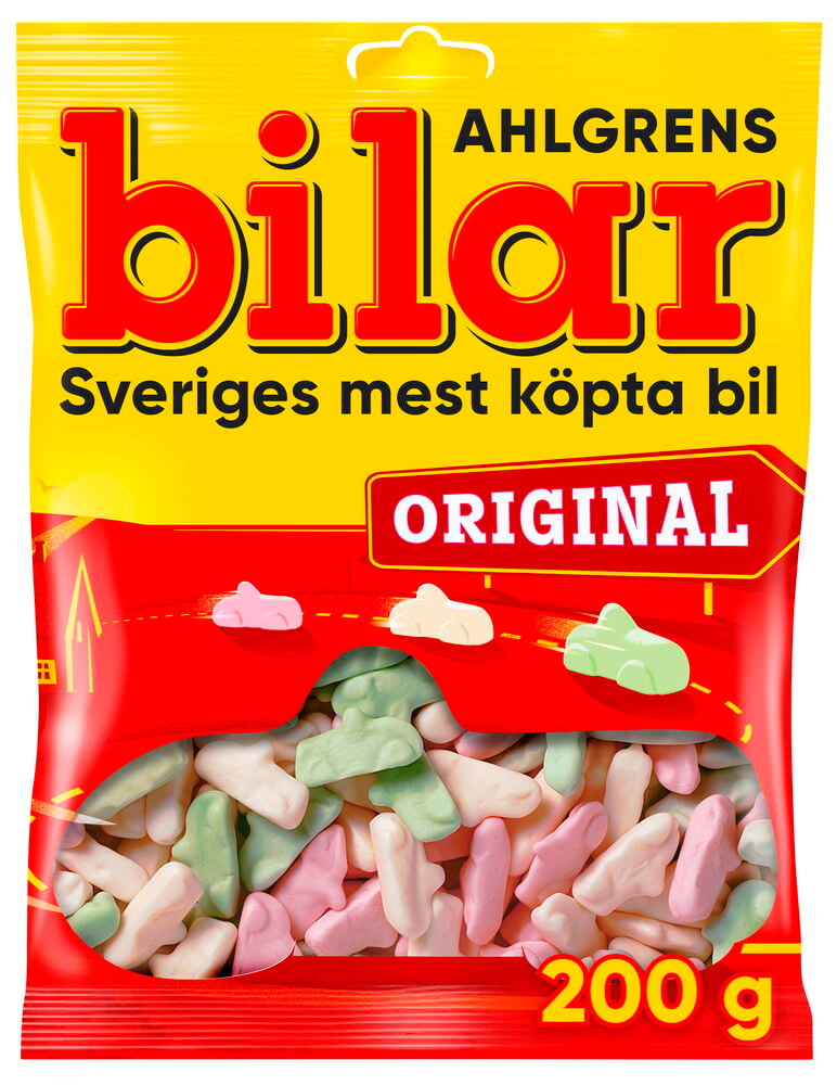 Gelbe und rote Packung Süßigkeiten Ahlgrens Bilar 200 g, zeigt autoförmige Bonbons in Rosa, Weiß und Grün.