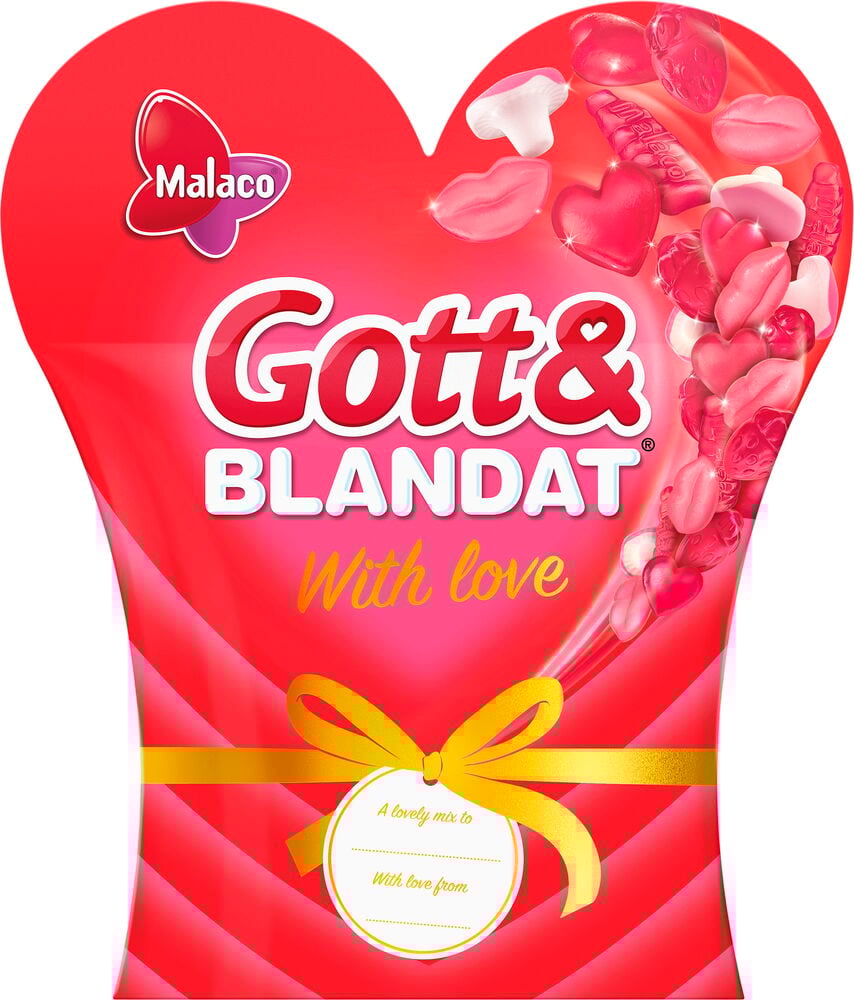 Röd hjärtformad påse med blandat svenskt godis.