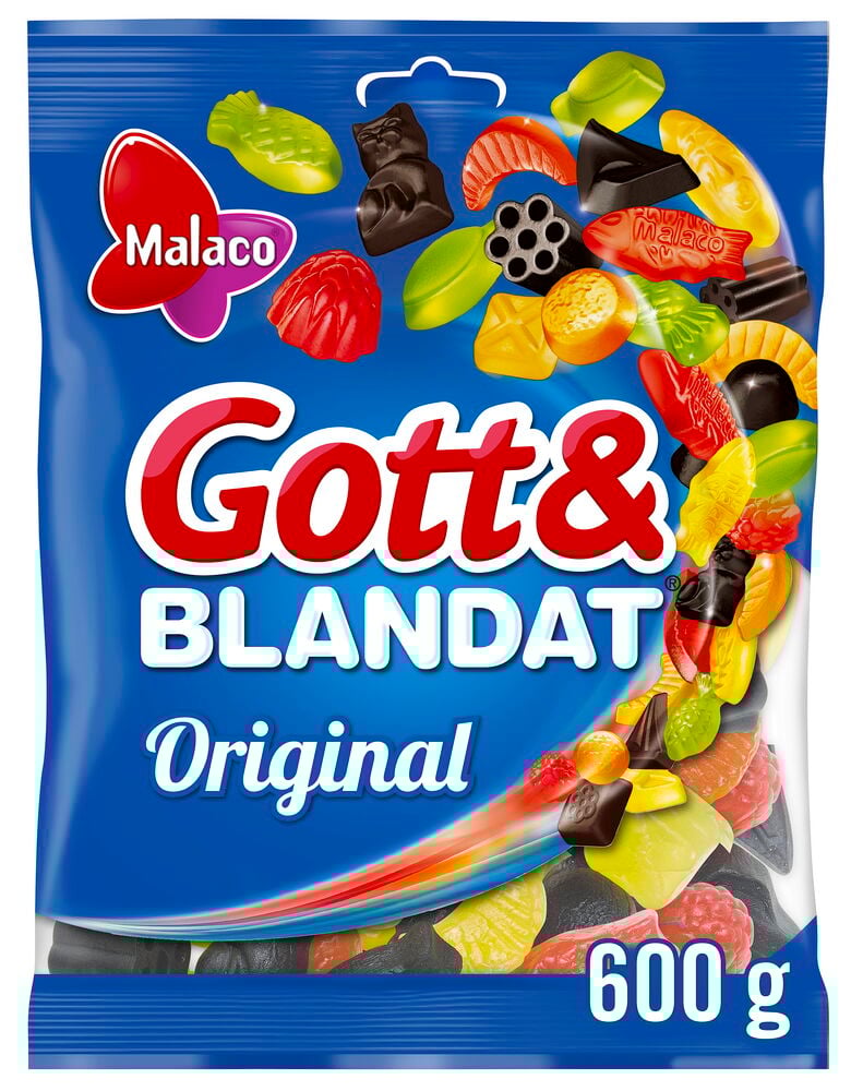 Eine blaue Tüte Malaco Gott & Blandat Original 600 g Süßigkeiten, zeigt verschiedene bunte Mischformen.