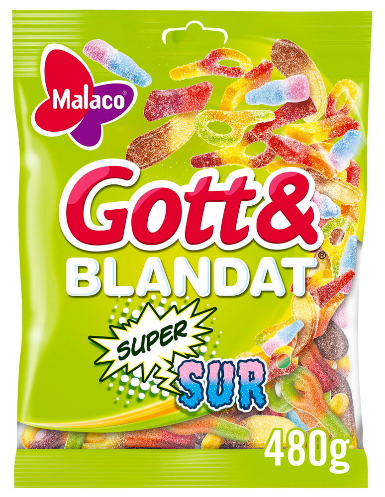 Grüne Malaco Süßigkeiten Gott & Blandat Super sur 480g Tüte, gefüllt mit bunten sauren Gummibonbons.
