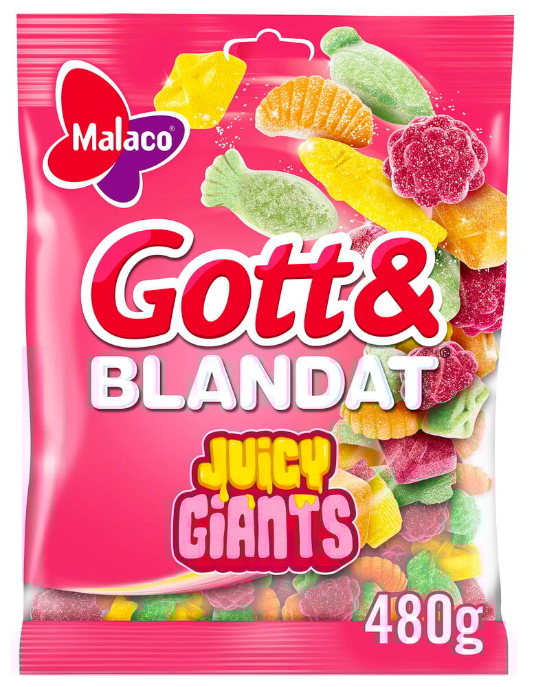 Süßigkeiten Gott & Blandat 480 g Juicy Giant in einer rosa Tüte mit verschiedenen bunten, zuckrigen Gummibonbons.